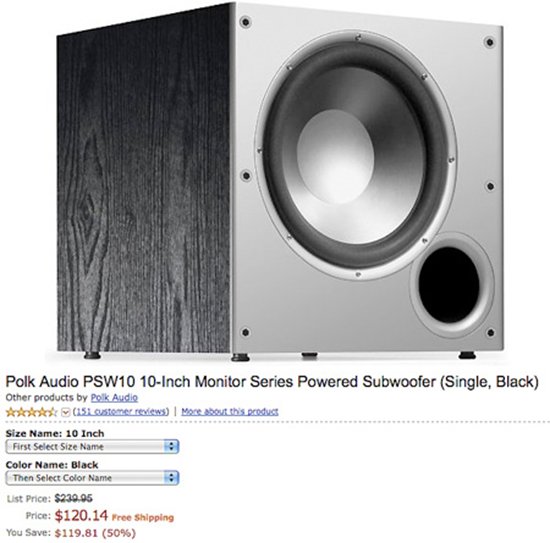 $239.95 PSW10 Polk Audio Subwoofer For $120.14 Shipped