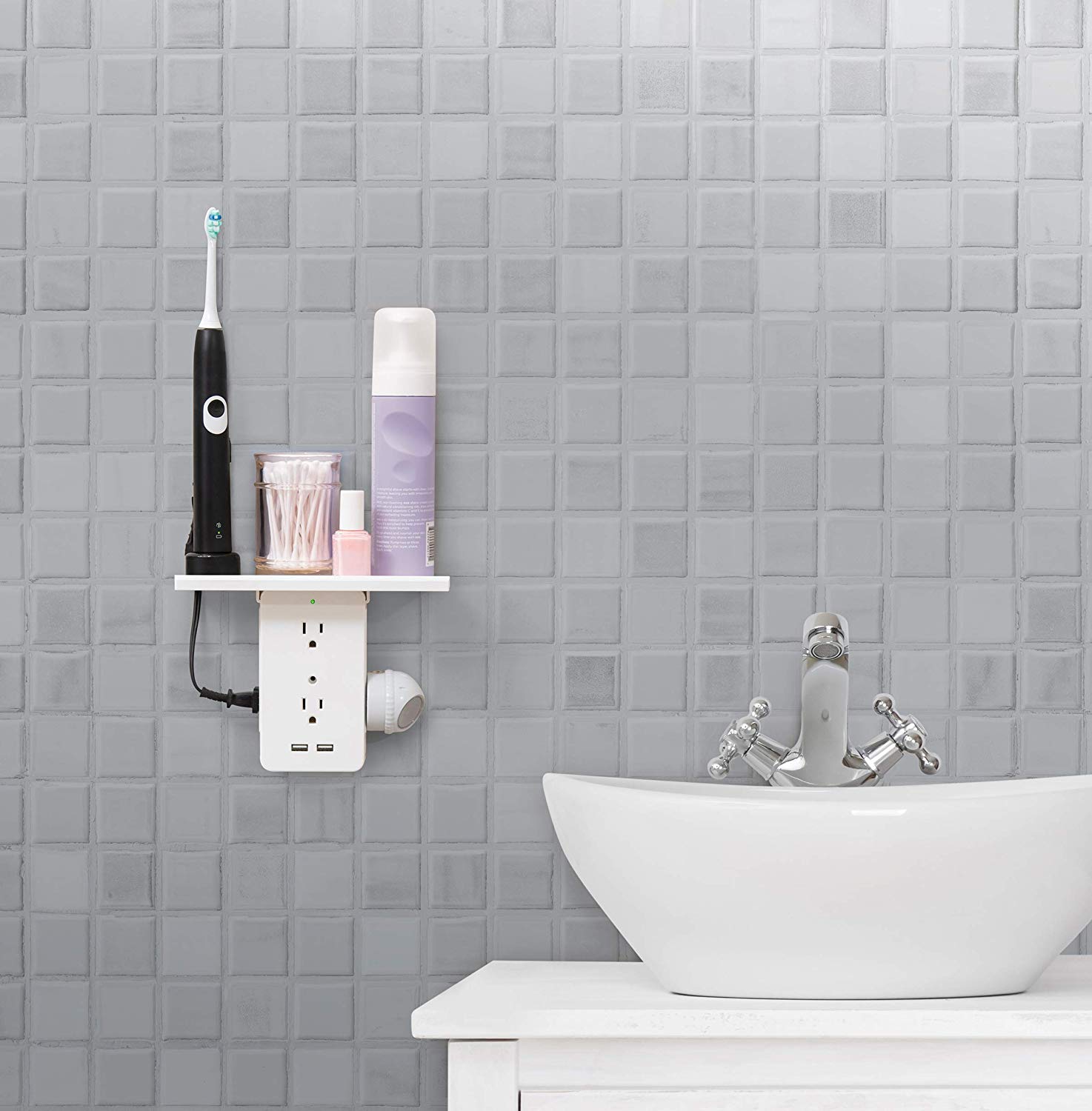 Socket Shelf 8-Port Wall Outlet USB Charger Bathroom