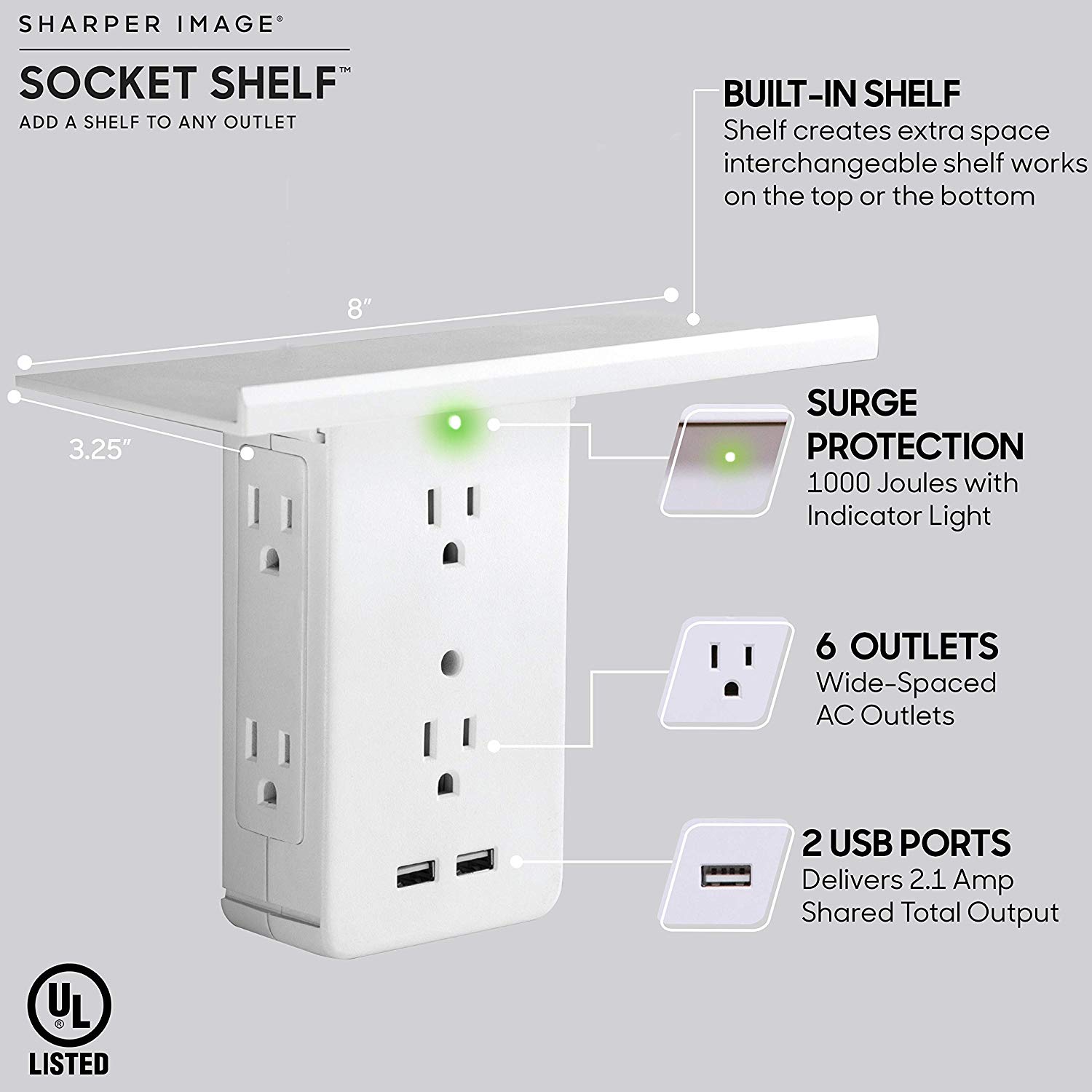 Socket Shelf 8-Port Wall Outlet USB Charger Features