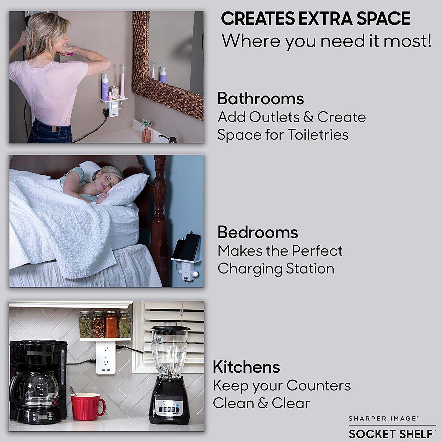 Socket Shelf 8-Port Wall Outlet USB Charger Shelf