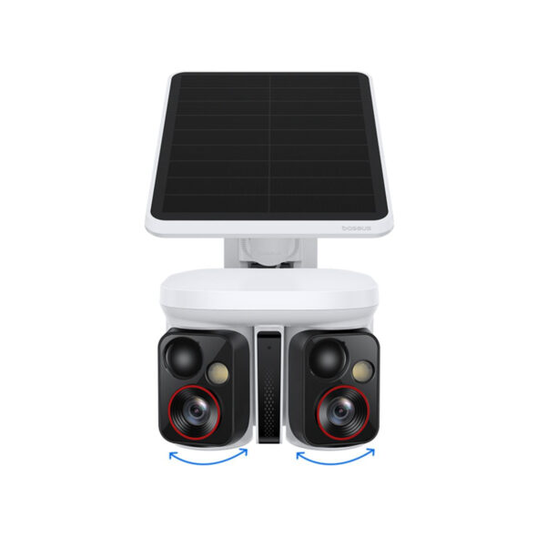 Baseus X1 Pro dual-lens solar outdoor security camera with sun-tracking panel on a fence at dusk