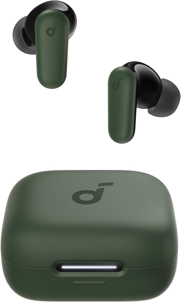 Pair of Soundcore P30i earbuds close-up showing ear tips and stems