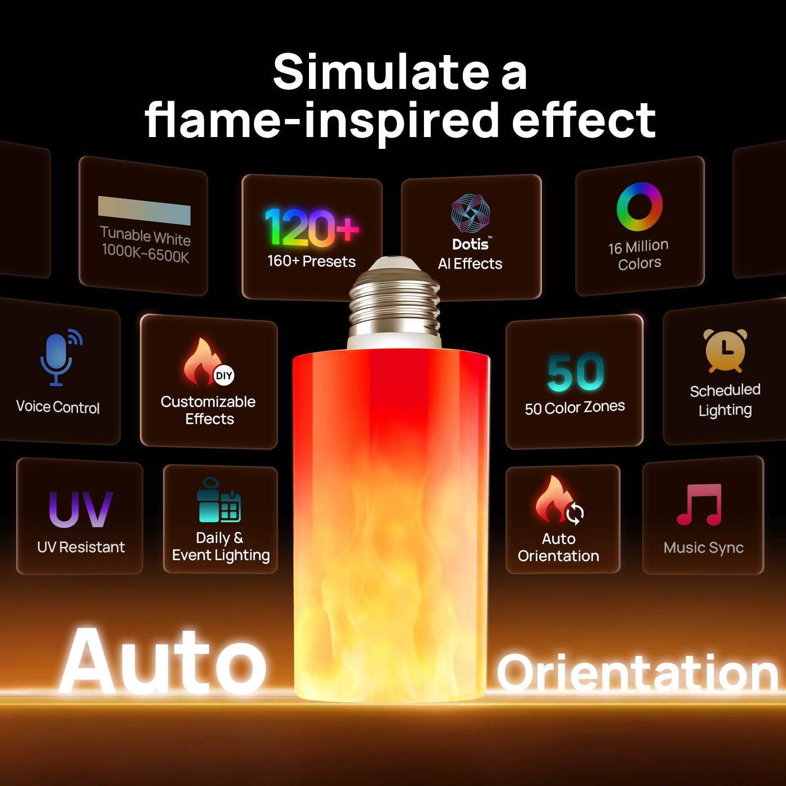 Linkind Smart Light Stick showing animated flame effect in a fixture
