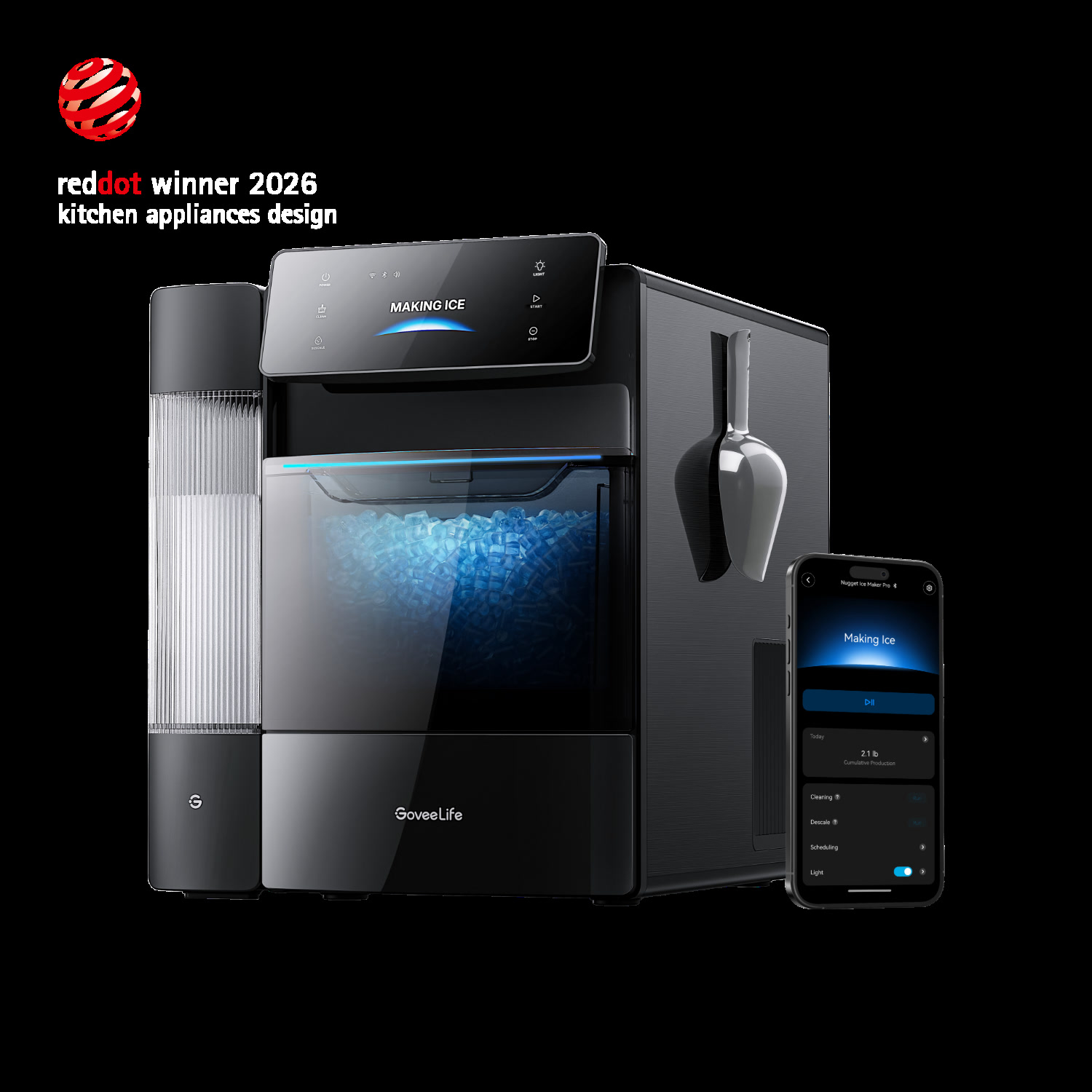 GoveeLife Smart Nugget Ice Maker Pro H8120 on kitchen counter with nugget ice