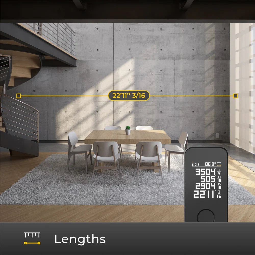 Hand holding HOTO Laser Measure Pro while measuring a room