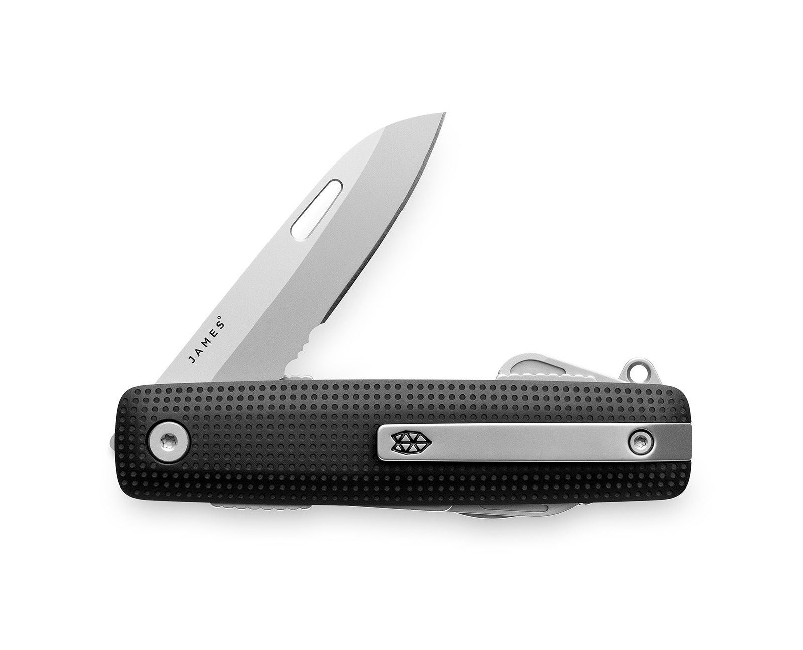 The James Brand Helton multitool in black and stainless, closed, pocket-clip view