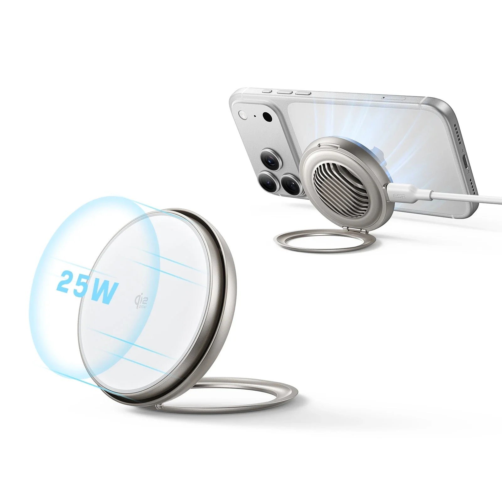 ESR Cyclone CryoBoost 25W Qi2 pad with fan stand views