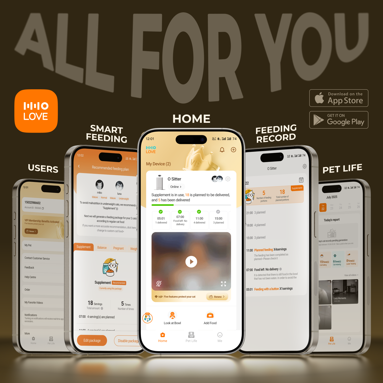 HHOLOVE O Sitter feature collage showing camera tracking, laser play, and feeding bowl