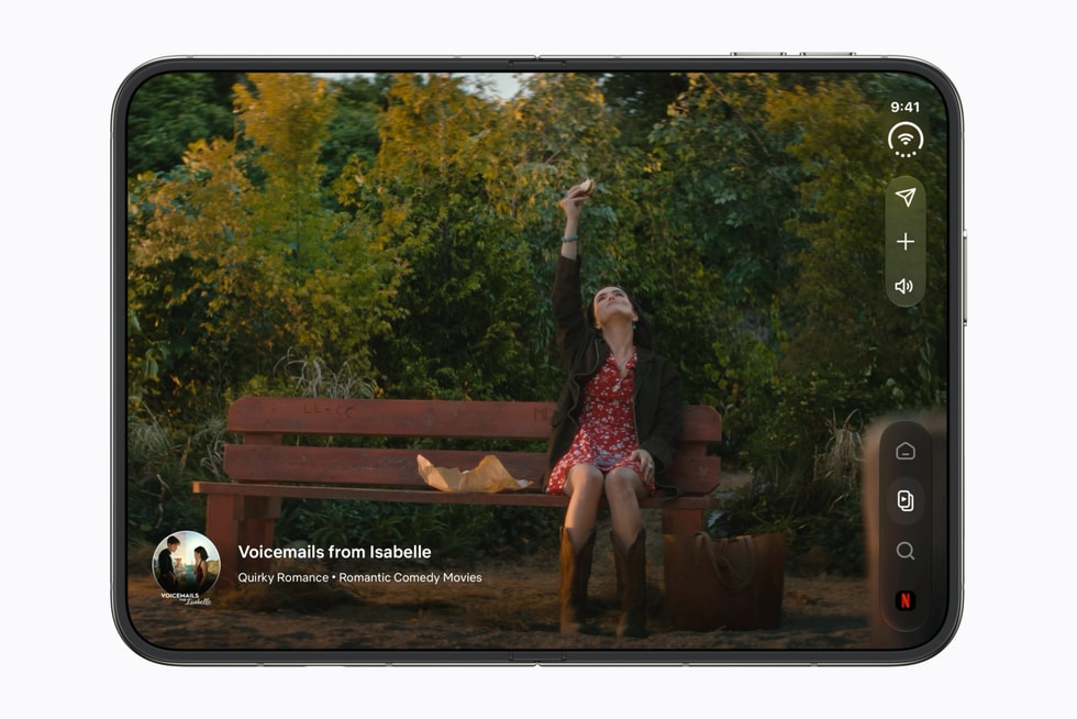 iPhone Duo open showing a streaming app on the large inner display