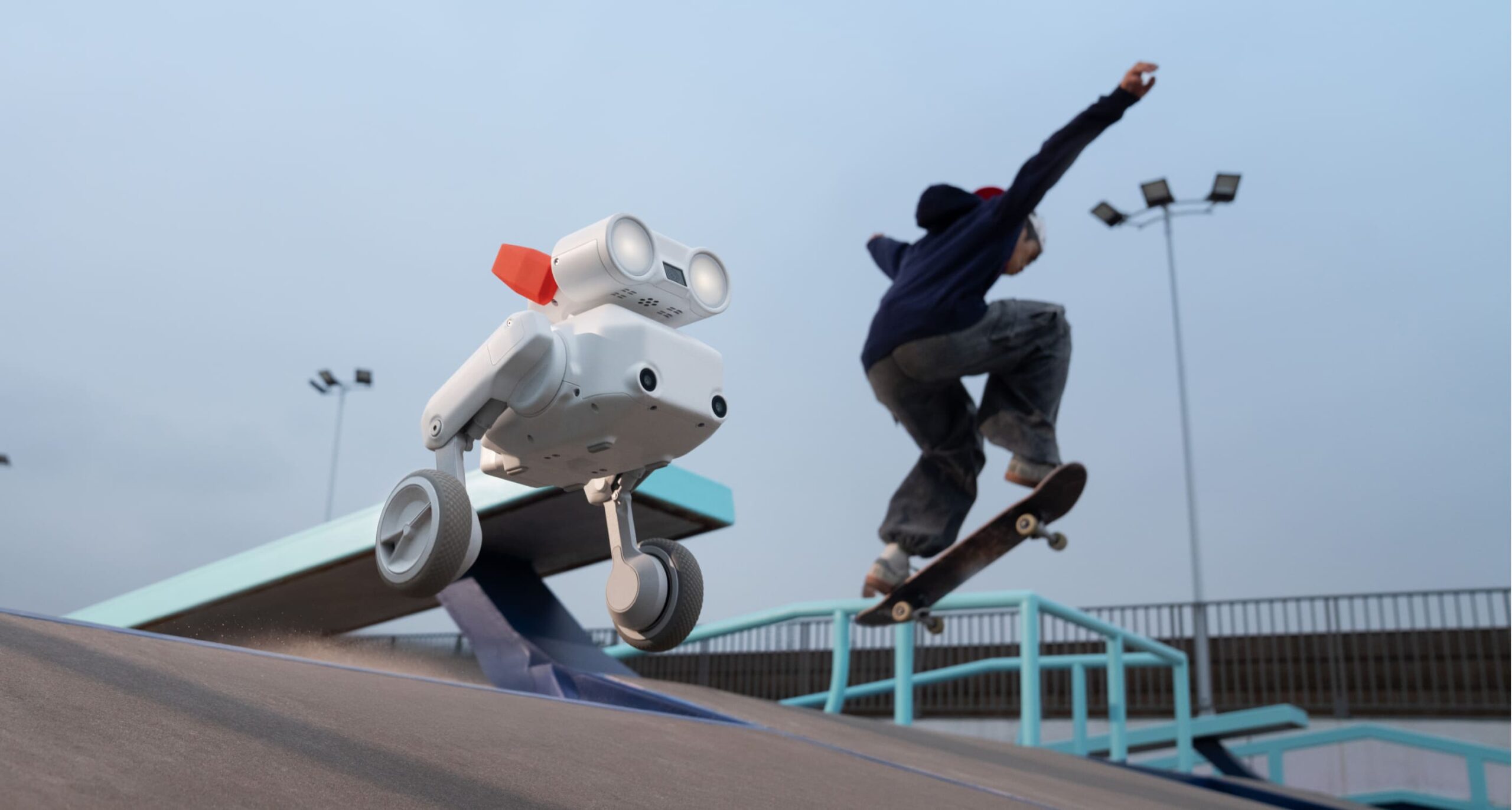 Mondo Robotics Beni filming a skateboarder from a low follow angle