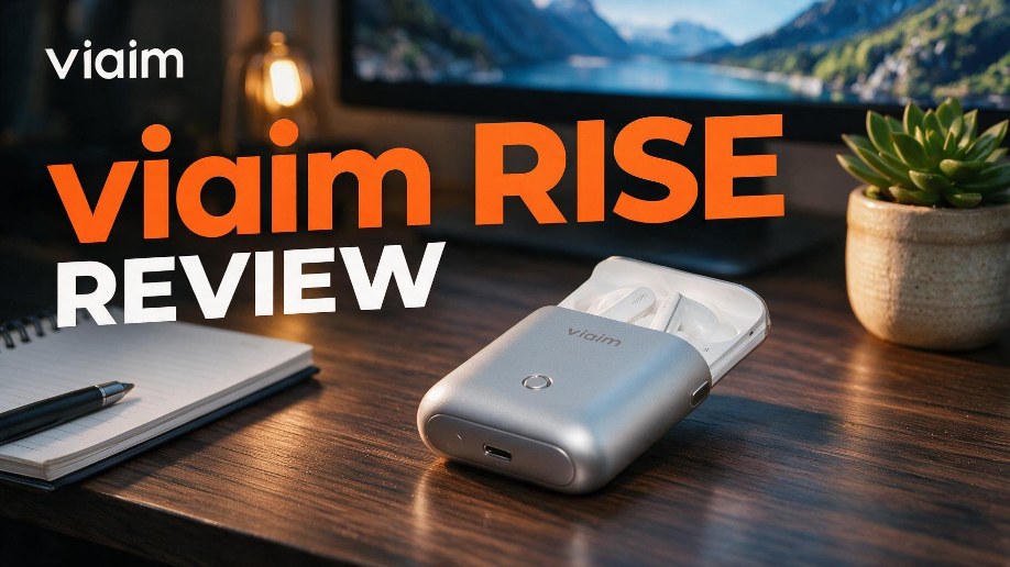 viaim Rise silver case open on a desk with white earbuds