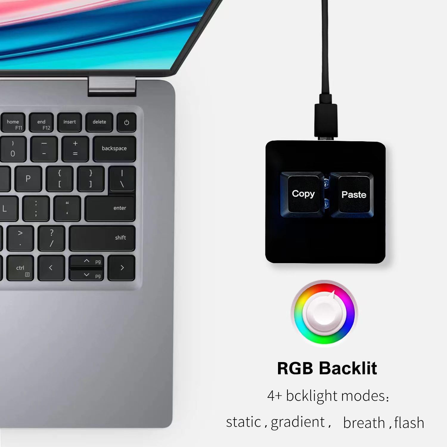 Two-key macro pad beside a laptop showing RGB backlight modes