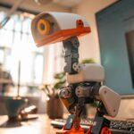 Microduck biped robot standing on a desk with grasping beak