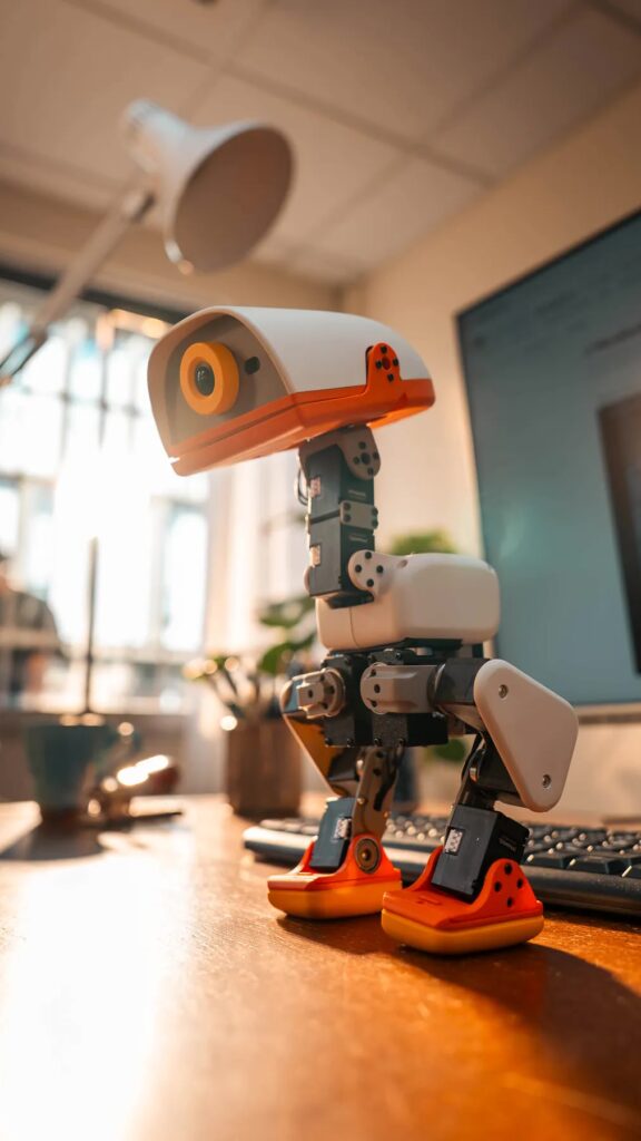 Microduck biped robot standing on a desk with grasping beak