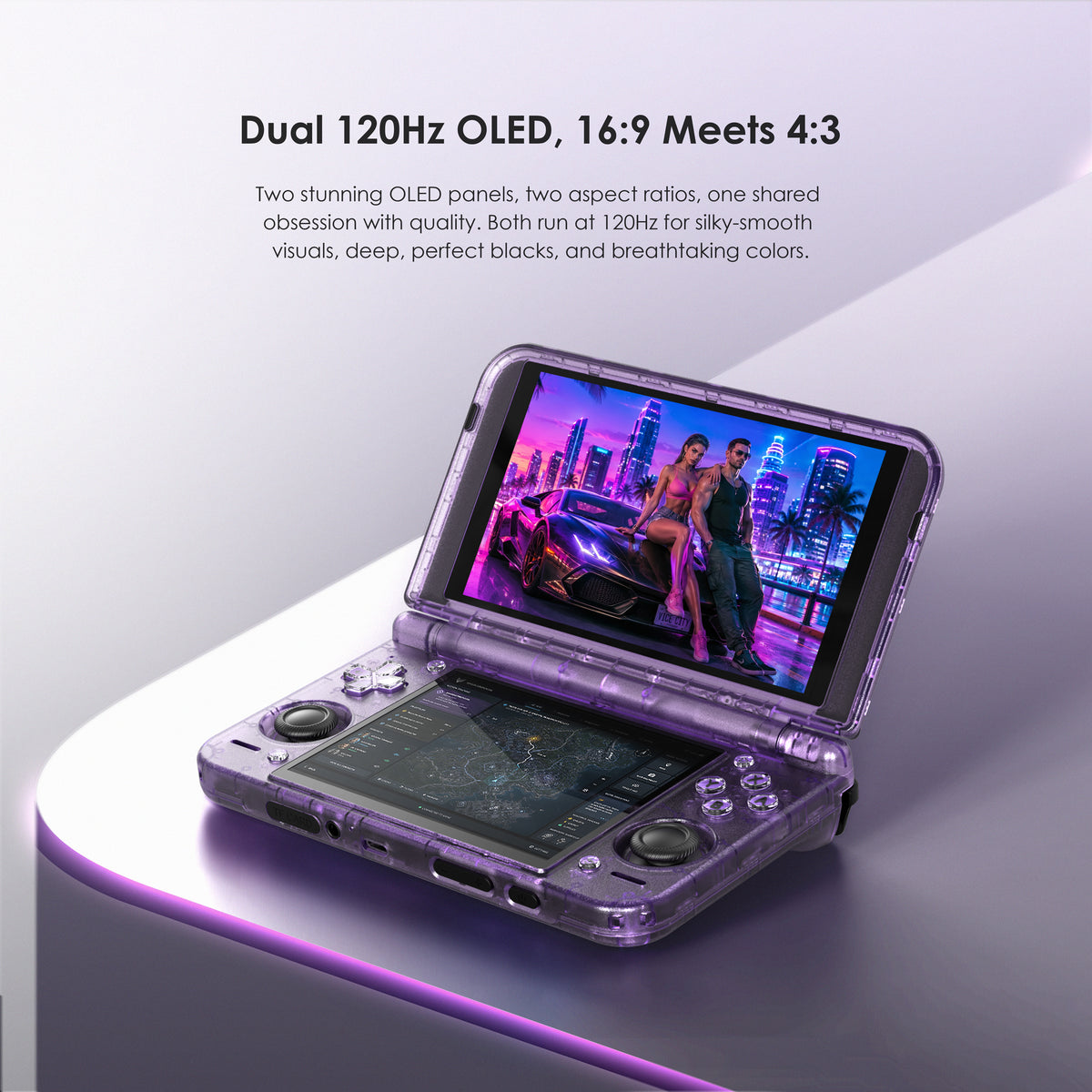 Retroid Pocket Duo open showing dual OLED screens and controls