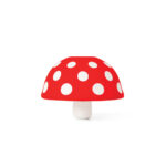 OTOTO Fungilicious red-and-white silicone mushroom kitchen funnel sitting cute beside an olive oil bottle