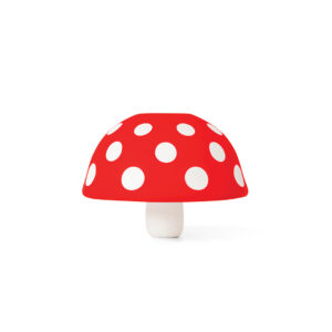 OTOTO Fungilicious red-and-white silicone mushroom kitchen funnel sitting cute beside an olive oil bottle