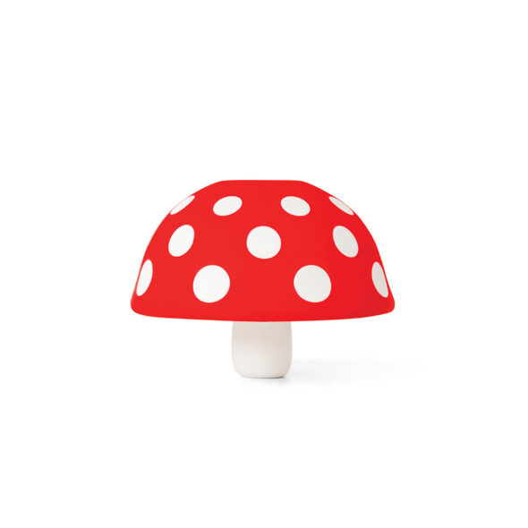 OTOTO Fungilicious red-and-white silicone mushroom kitchen funnel sitting cute beside an olive oil bottle