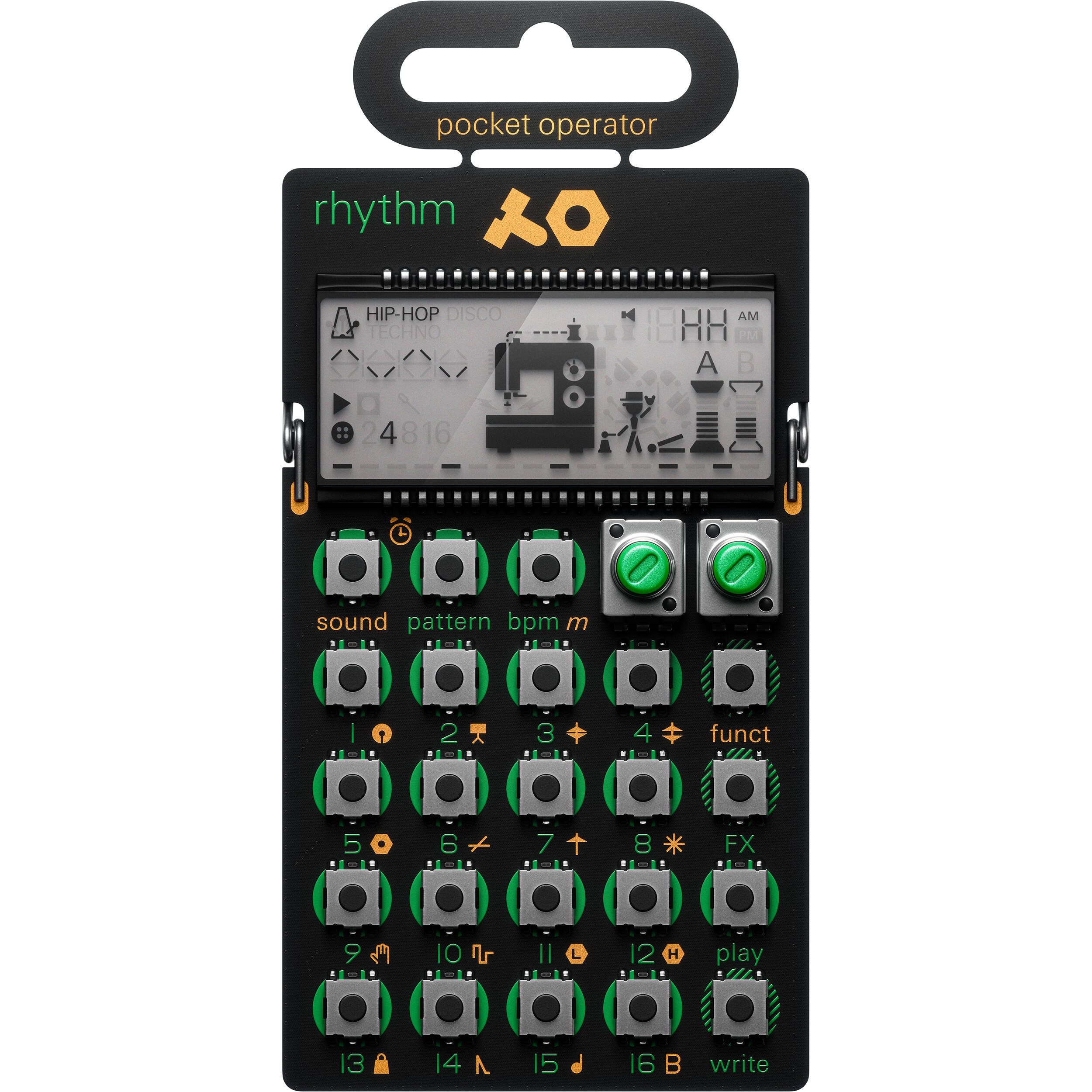 PO-12 Rhythm front view showing the animated LCD and 16-step pad grid