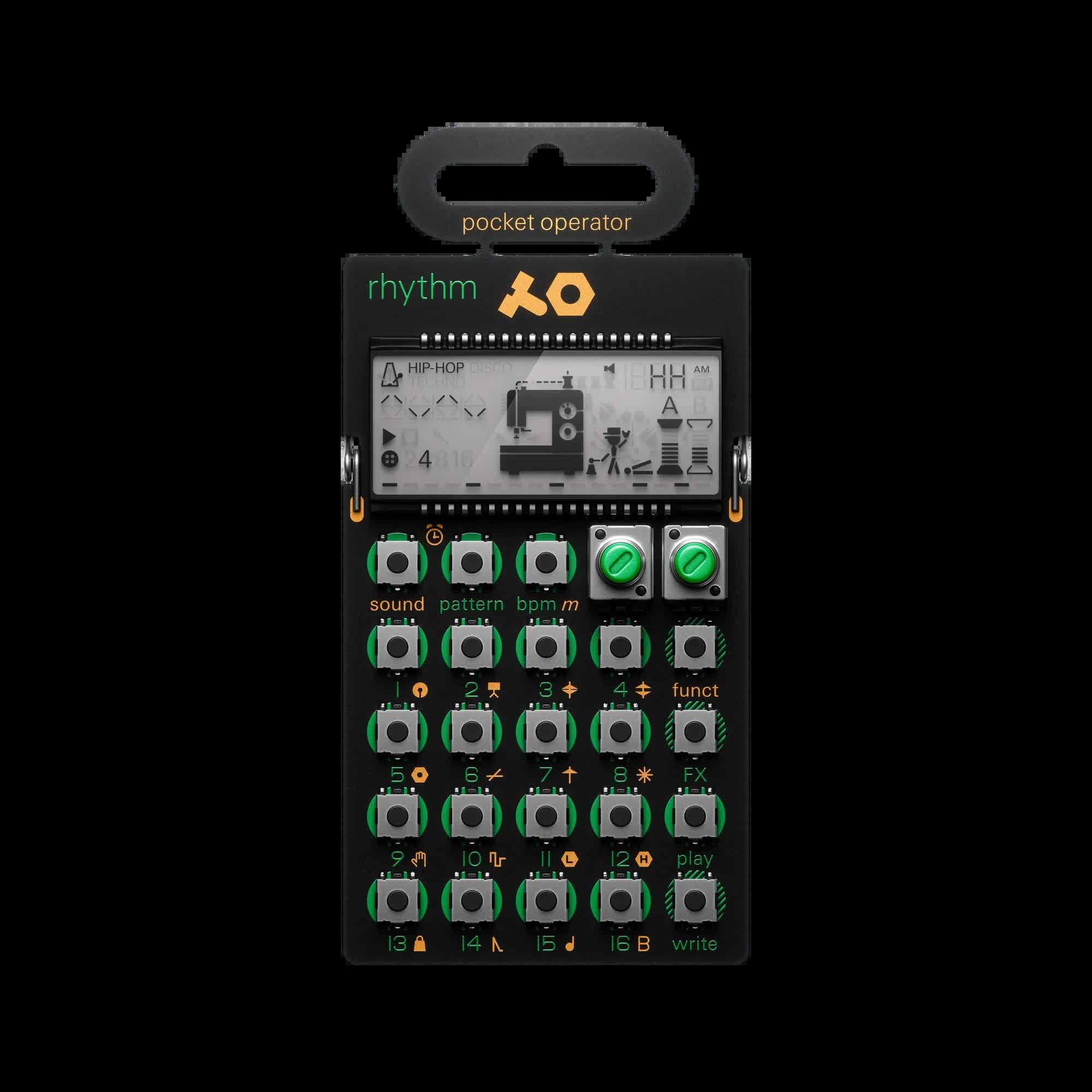 Teenage Engineering PO-12 Rhythm pocket operator drum machine on a black background