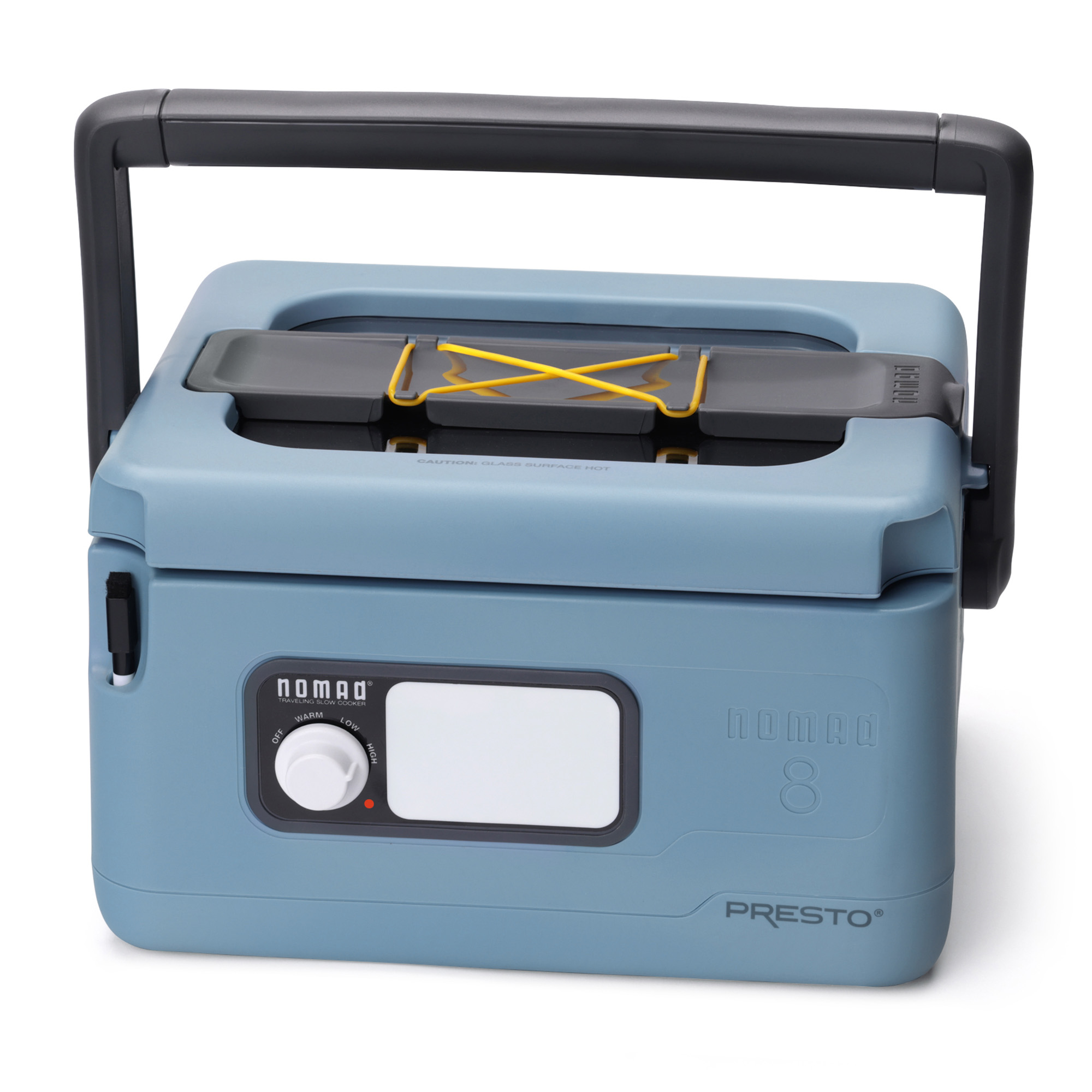 Presto Nomad slow cooker open with removable stoneware pot and locking lid