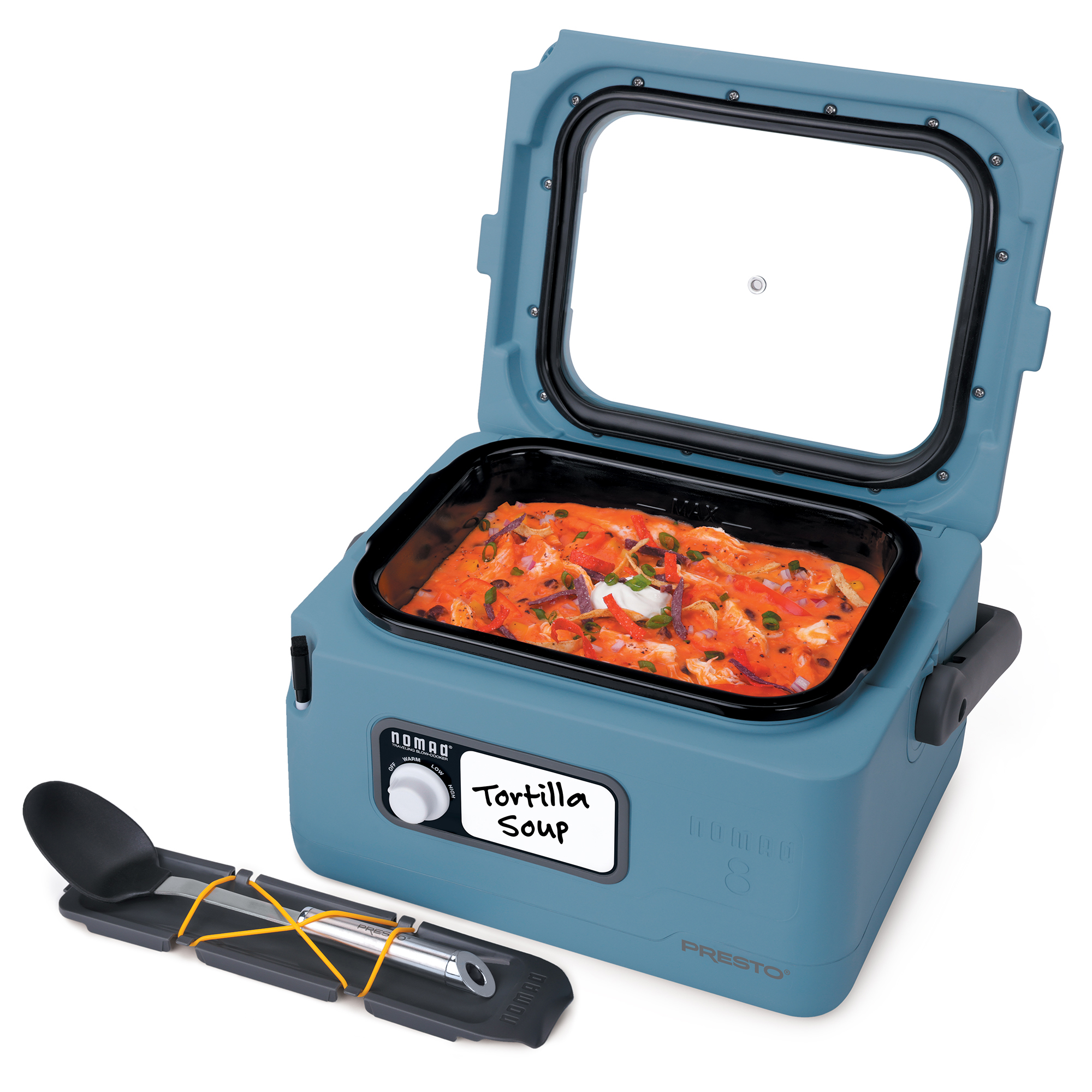 Presto Nomad slow cooker serving soup with glass lid window visible
