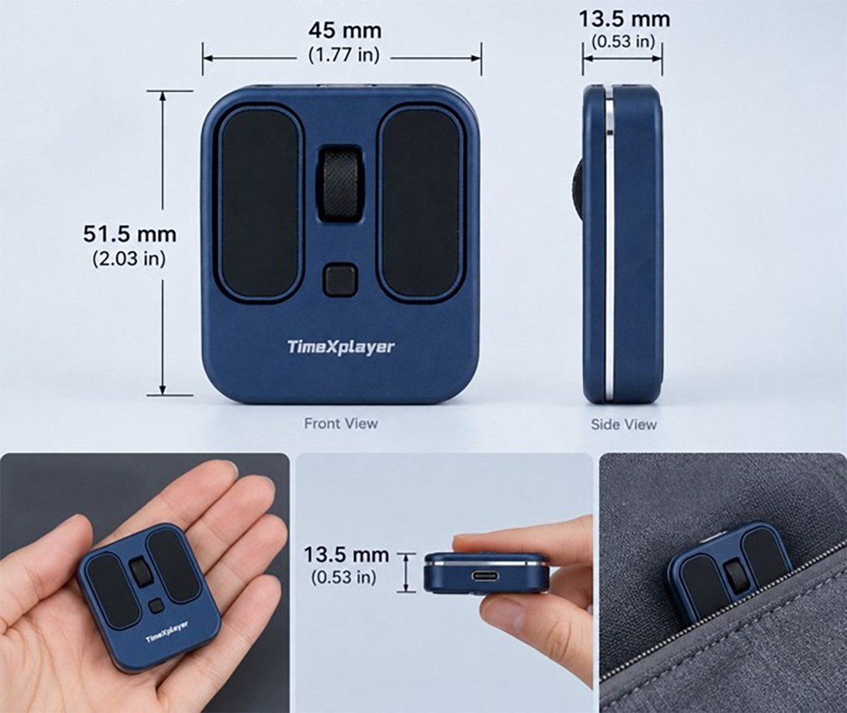 TimeXplayer V2 ultra-compact wireless mouse next to a finger for scale