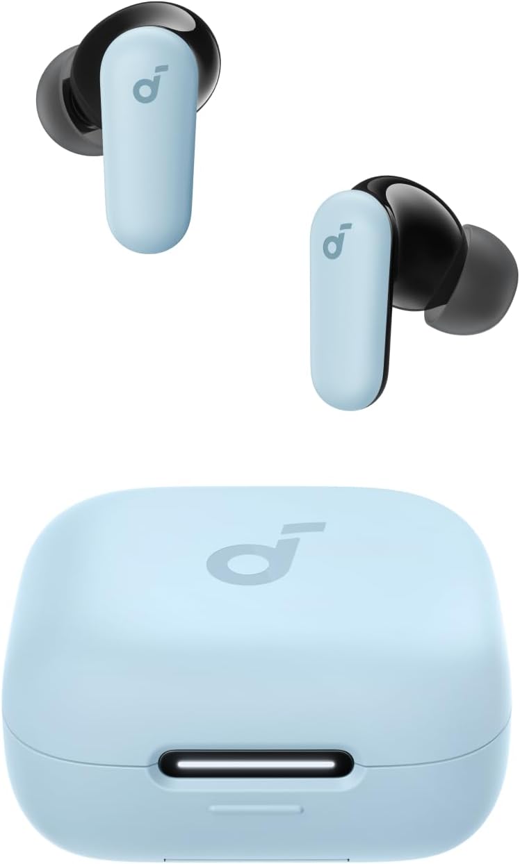 Soundcore P30i charging case unfolded as a phone stand holding a smartphone