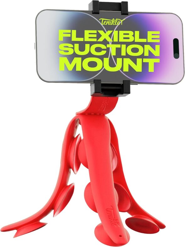 Red Tenikle 360 flexible suction mount holding a phone