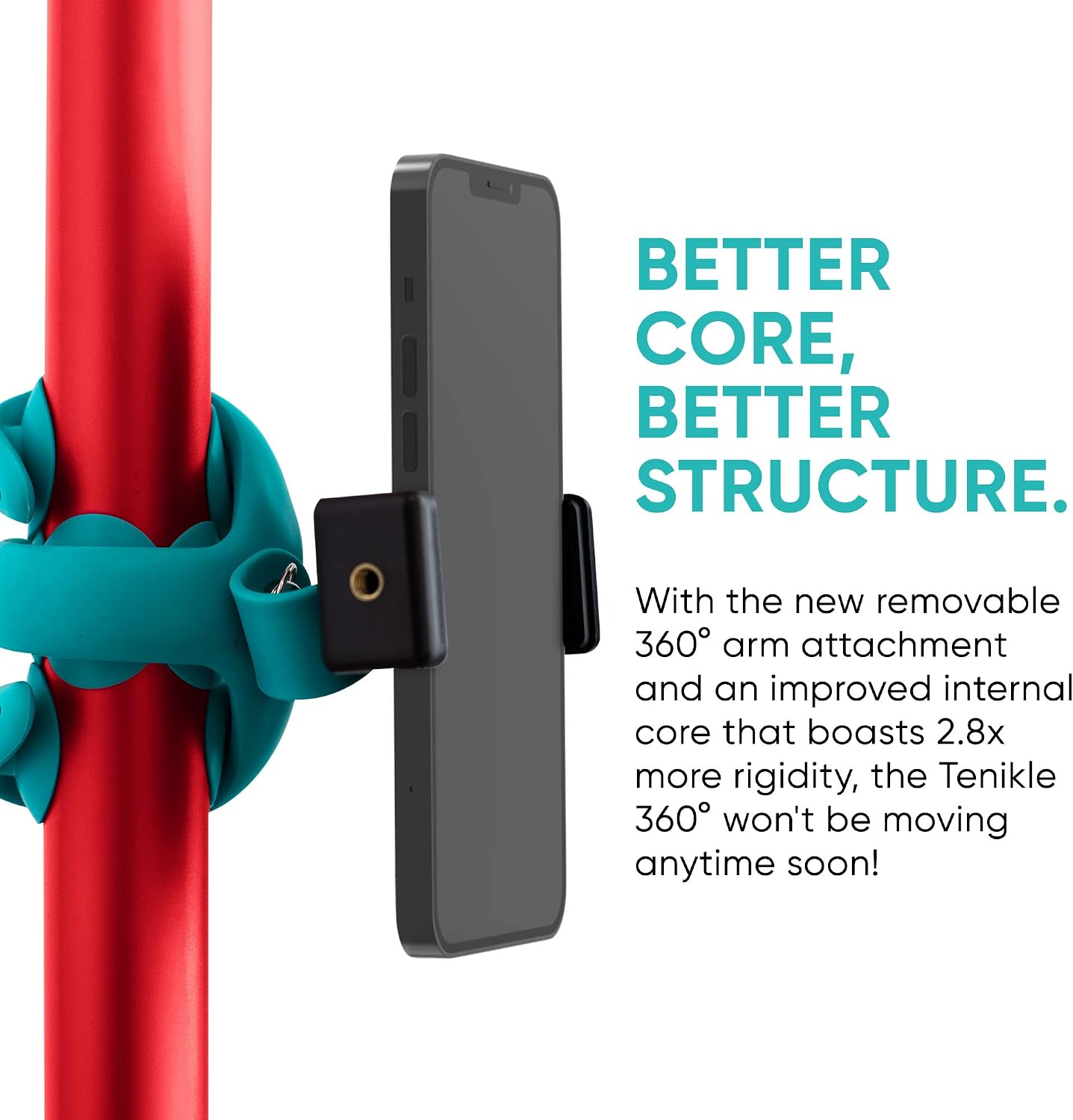 Teal Tenikle 360 wrapped around a red pole with phone clamp attached