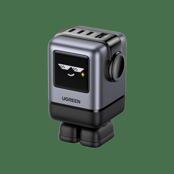 UGREEN Uno 100W robot GaN charger with TFT emoji face on desk