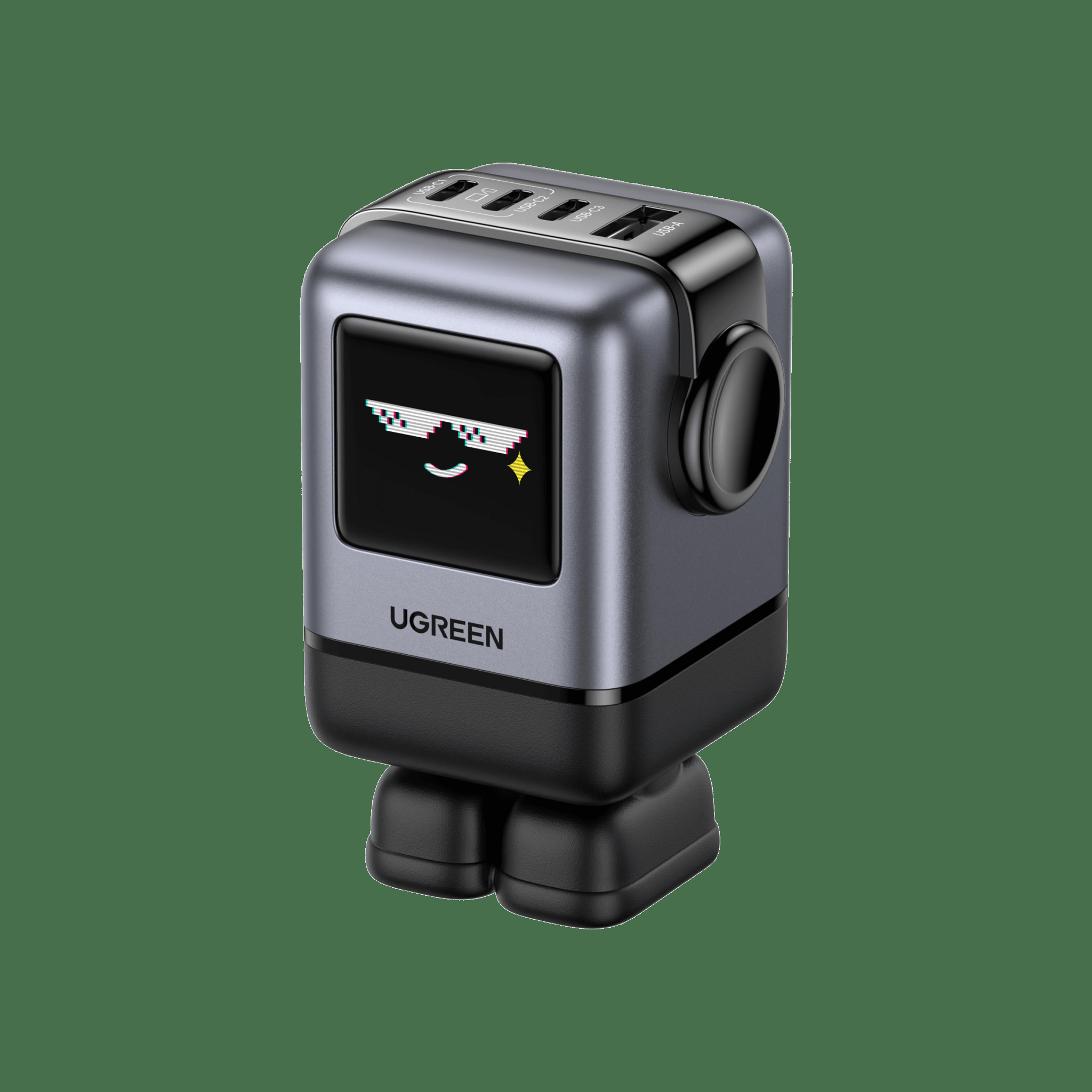 UGREEN Uno 100W robot GaN charger with TFT emoji face on desk
