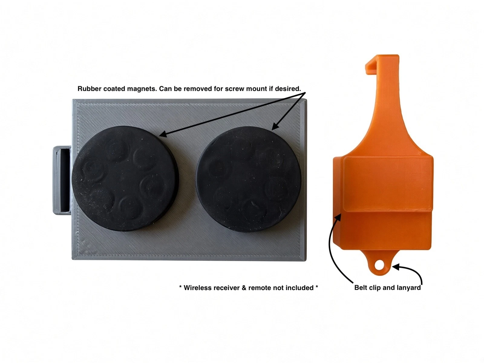 Close-up of rubber-coated magnets and snap-on remote holder with belt clip