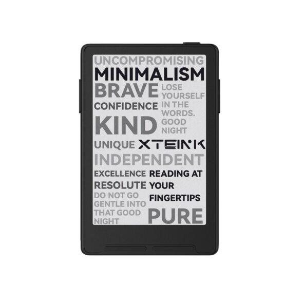 XTEINK X3 pocket e-ink reader front view with grayscale word-cloud screen