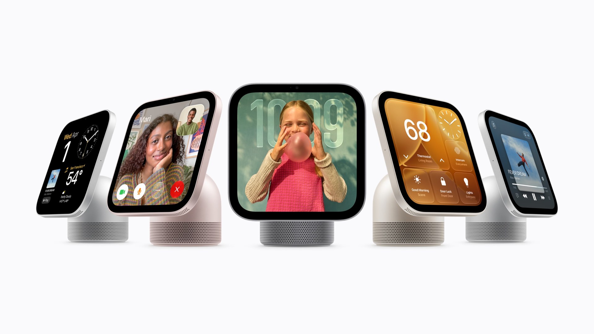Apple HomeView tabletop and wall-mounted models lined up showing FaceTime, photos and widgets