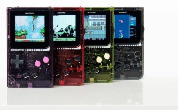 ModRetro Chromatic Transparent handhelds in Smoke, Red, Green and Purple