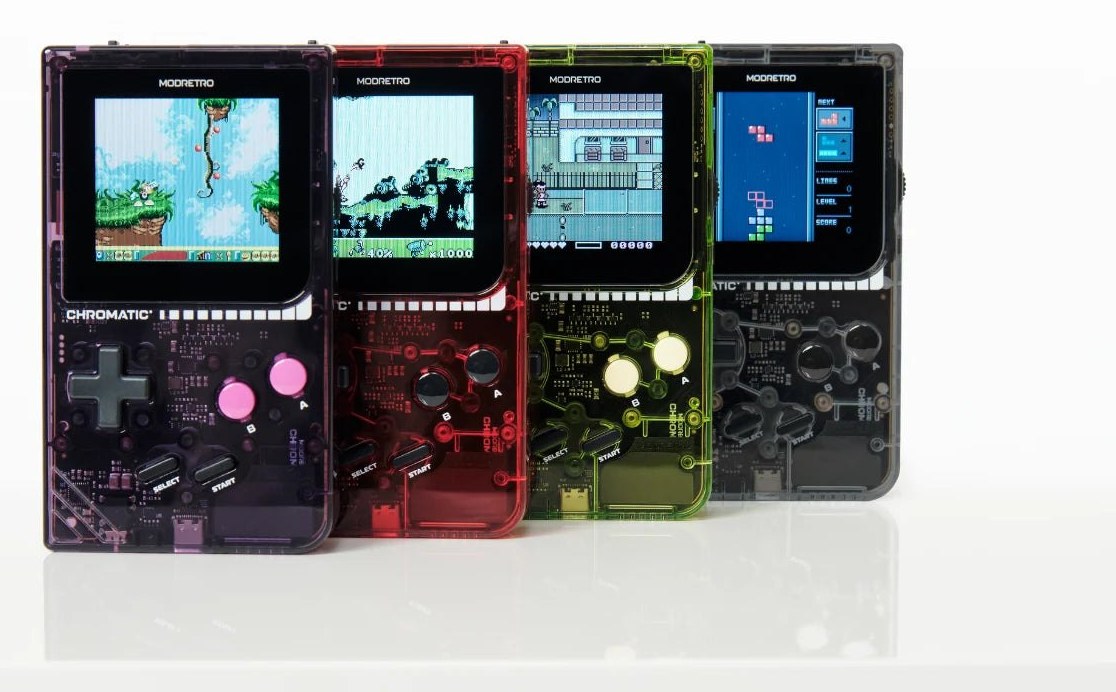 ModRetro Chromatic Transparent handhelds in Smoke, Red, Green and Purple