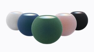 HomePod mini 2 lineup in white, blue, green, pink and midnight