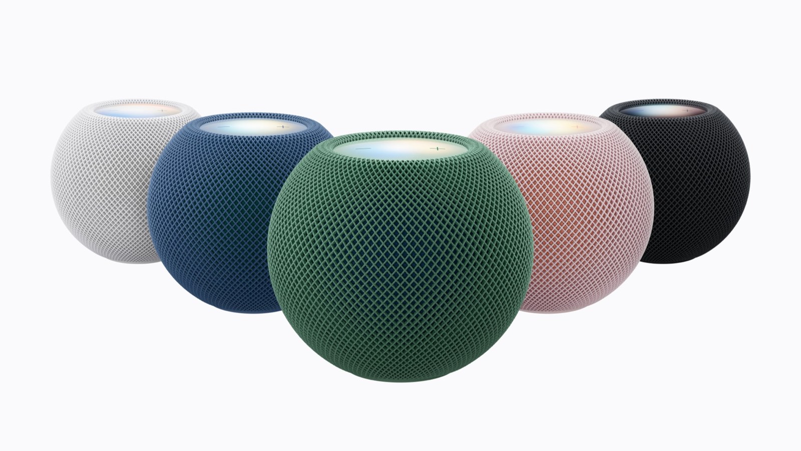 HomePod mini 2 lineup in white, blue, green, pink and midnight