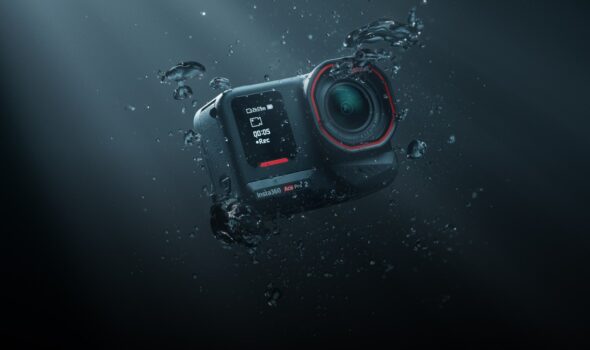 Insta360 Ace Pro 2 action camera submerged underwater surrounded by rising air bubbles