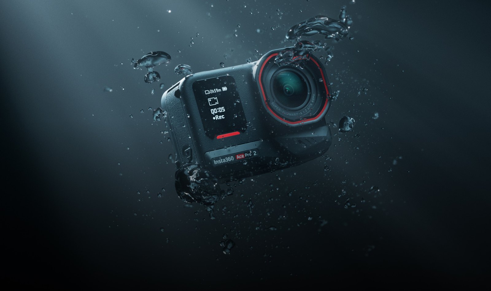 Insta360 Ace Pro 2 action camera submerged underwater surrounded by rising air bubbles
