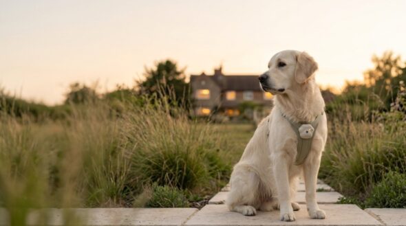 Golden retriever wearing the Ouren M1 camera on its collar outdoors