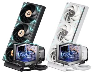 TCOMAS EXIT D3 Pro triple-display 360 mm AIO coolers in black and white