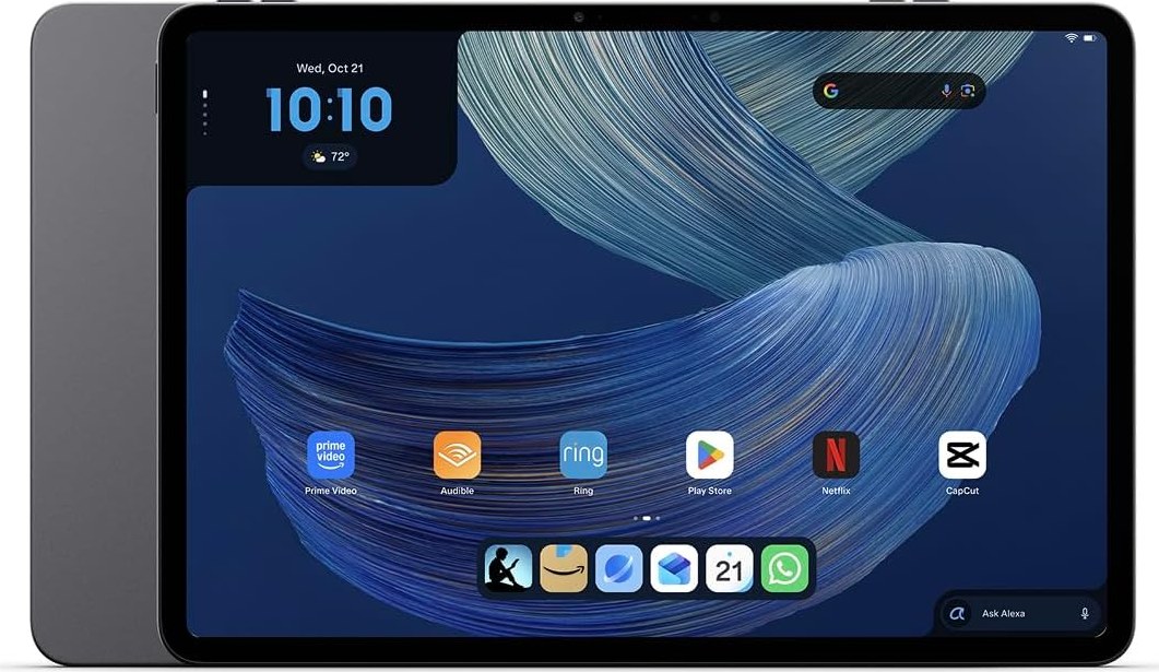 Alexa Tablet 12 Pro front view with clock, widgets and app dock