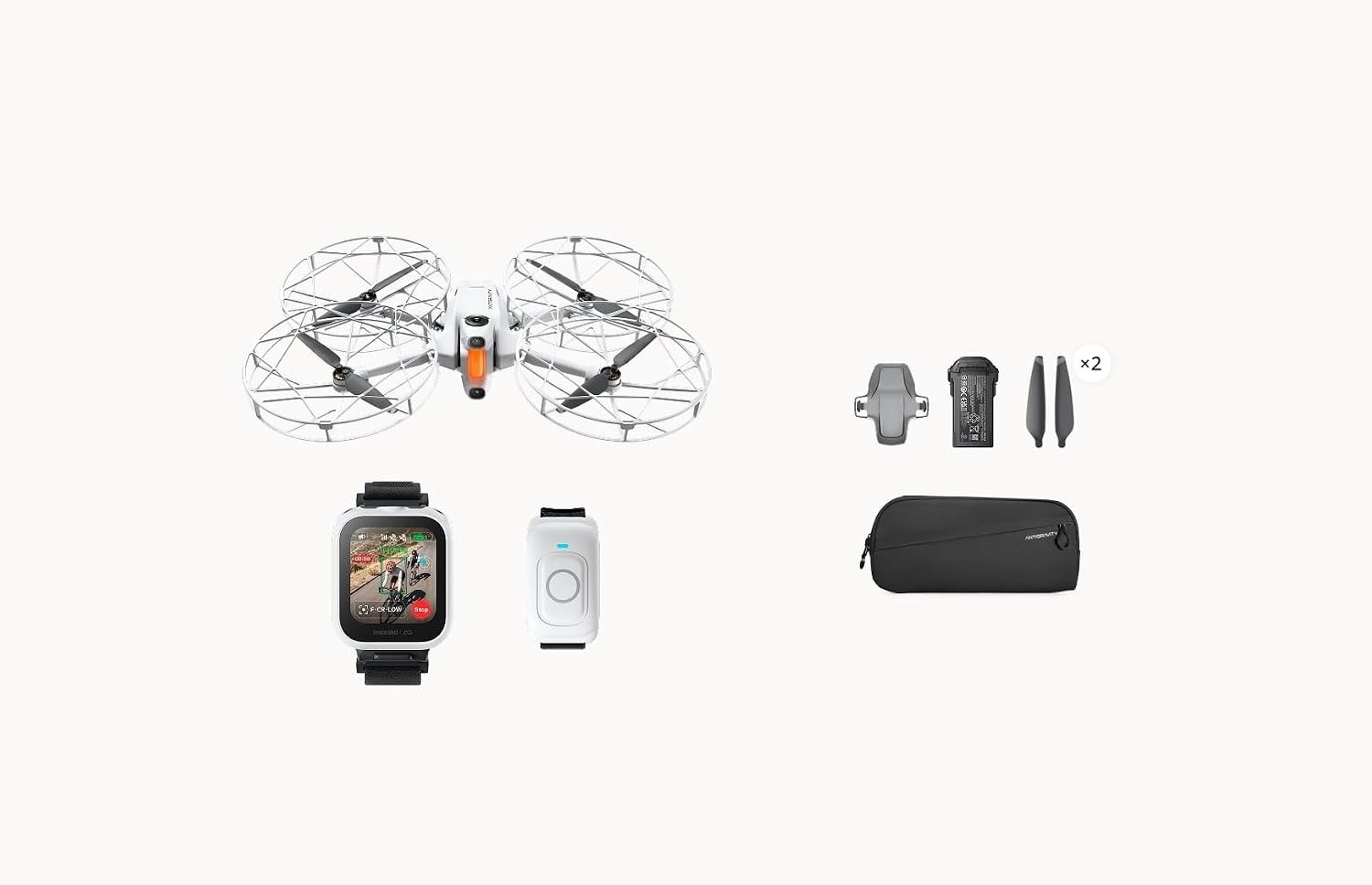 Antigravity A1 Follow Me Bundle contents with drone in propeller guards, Watch Remote, Ring Remote and carry bag