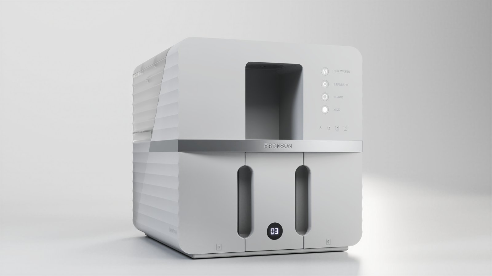 White Bronson coffee machine with its stainless steel trim band