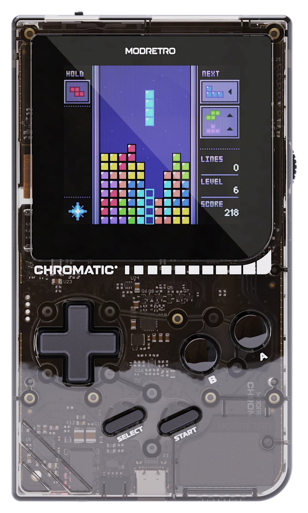 Chromatic Transparent in Smoke running Tetris on its backlit screen