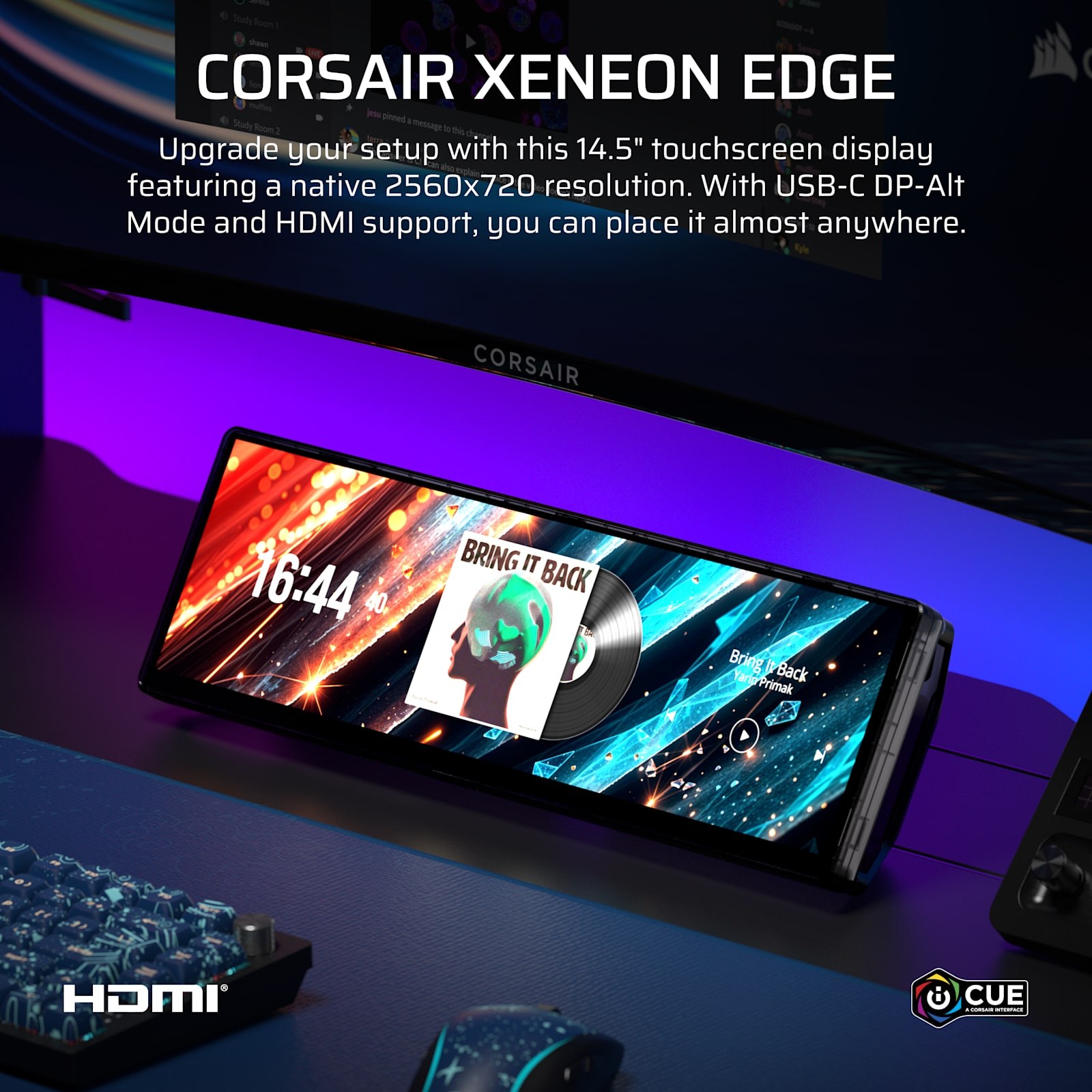 CORSAIR XENEON EDGE under a gaming monitor showing a clock and widgets