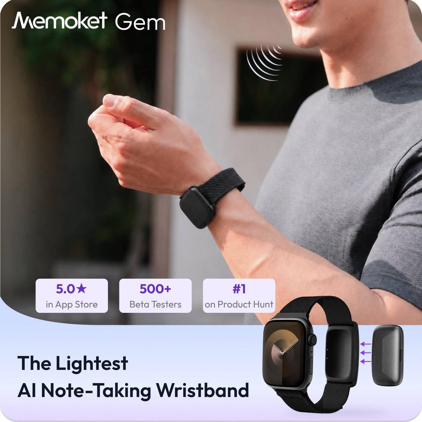 Man wearing Memoket Gem on a co-wear band next to his Apple Watch