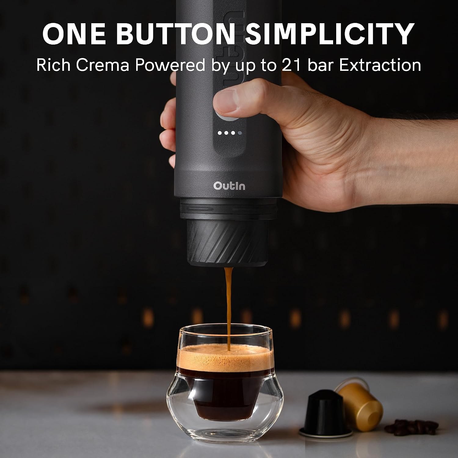 OutIn Nano 2 pulling a shot of espresso into a glass with one button
